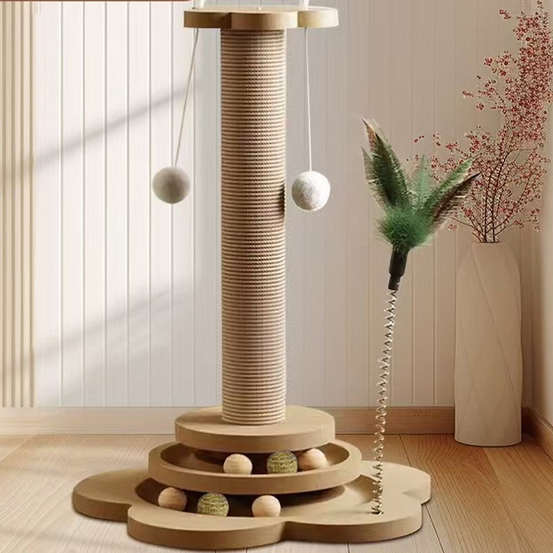 Interactive Cat Scratching Tower with Spinning Ball Track