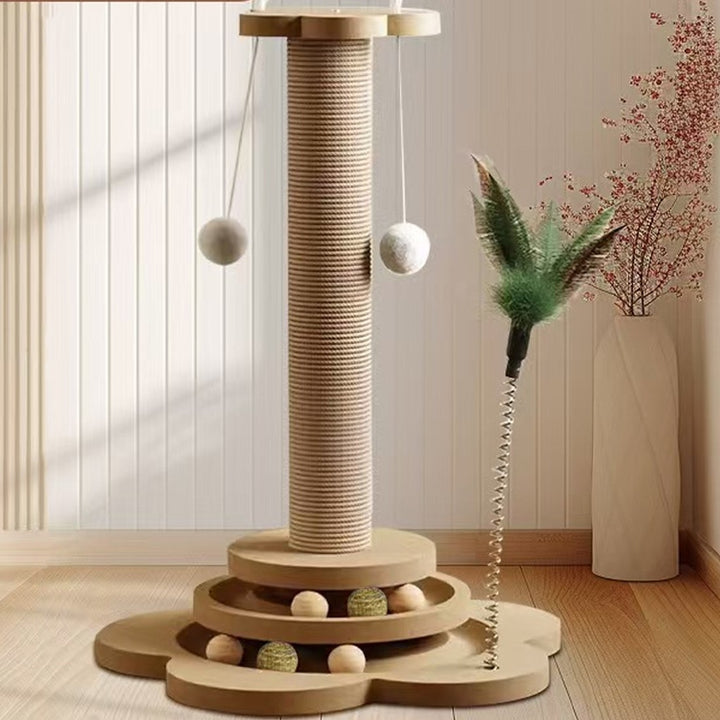 Interactive Cat Scratching Tower with Spinning Ball Track