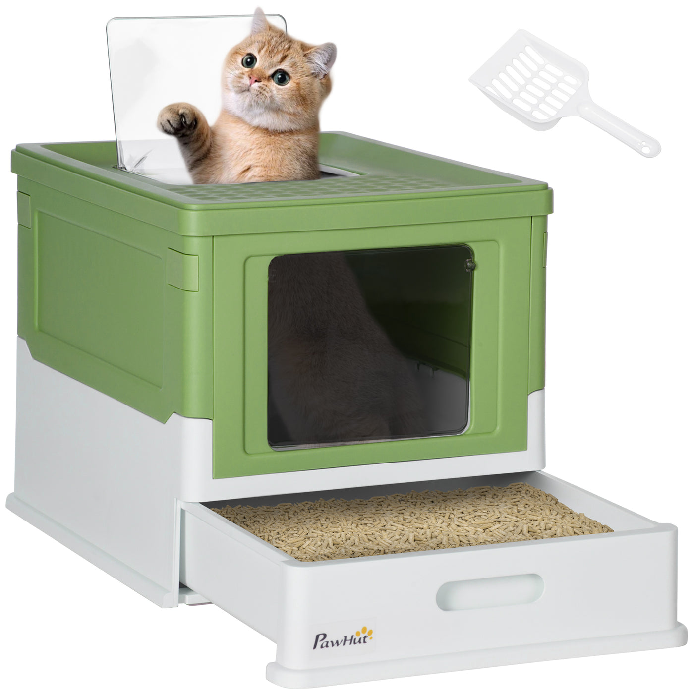 Hooded Cat Litter Box with Scoop, Light Green
