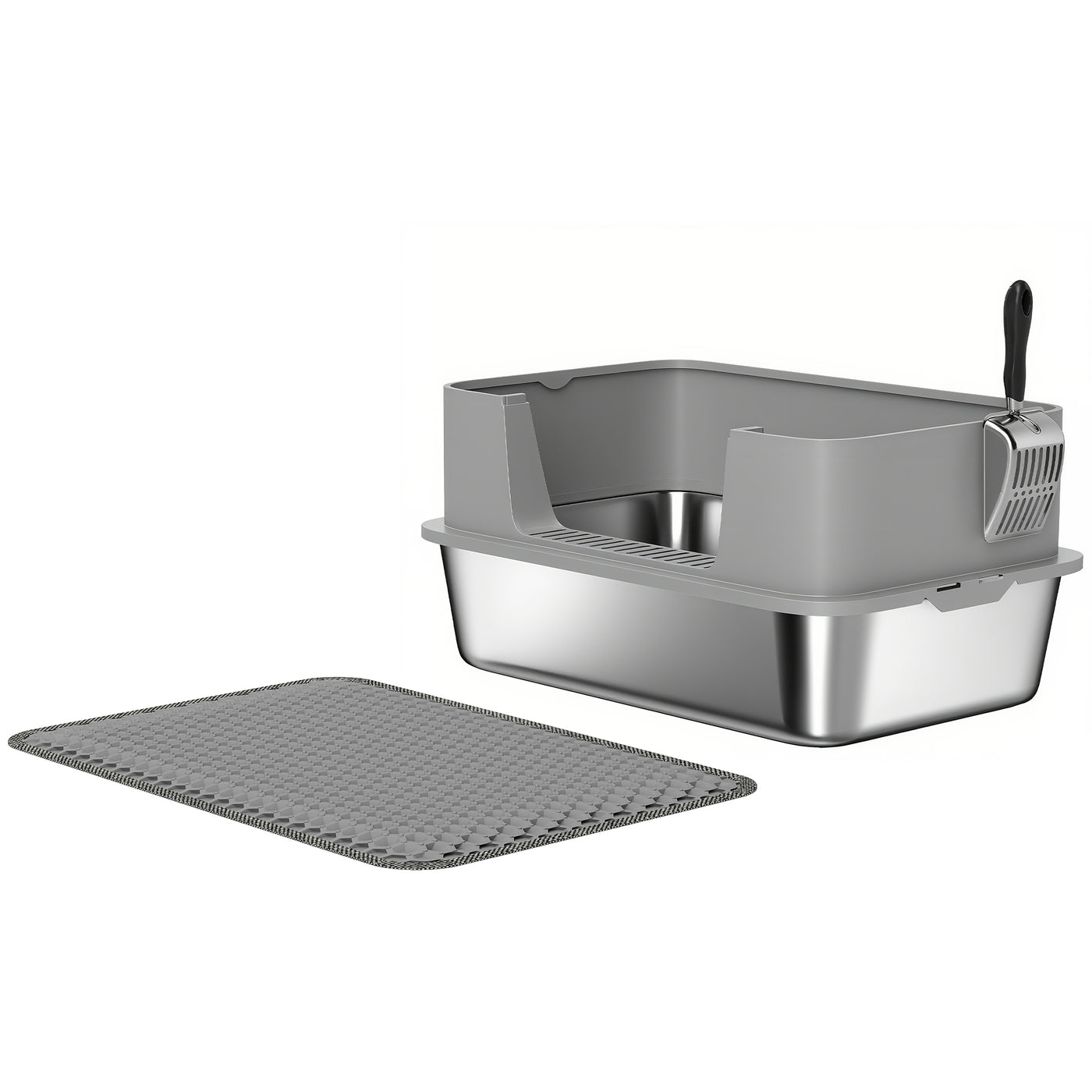 High-Sided Stainless Steel Cat Litter Box with Scoop & Mat
